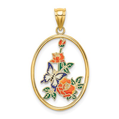 14k Gold Emaille weißer Schmetterling in Oval mit orange Blumen Charm Anhänger 1,94g