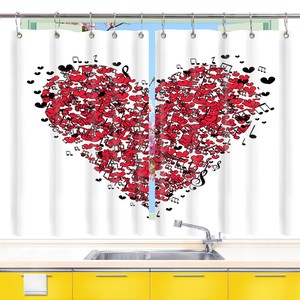 Musical Symbols And Red Hearts Kitchen Curtains 2 Panel Set Decor