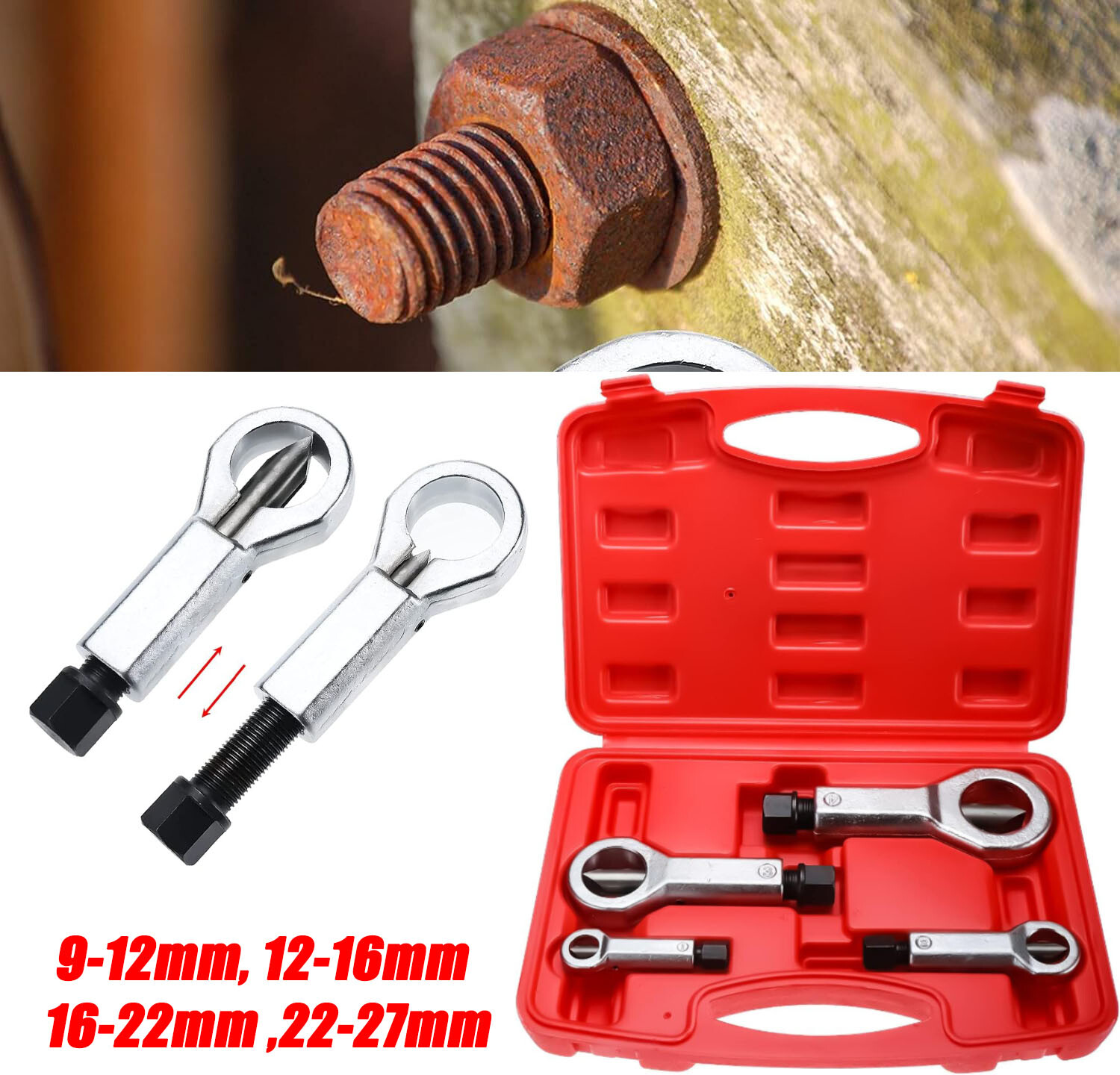 4-Piece Nut Splitter Set for Seized or Broken Bolts 9mm-27mm Removal Tool