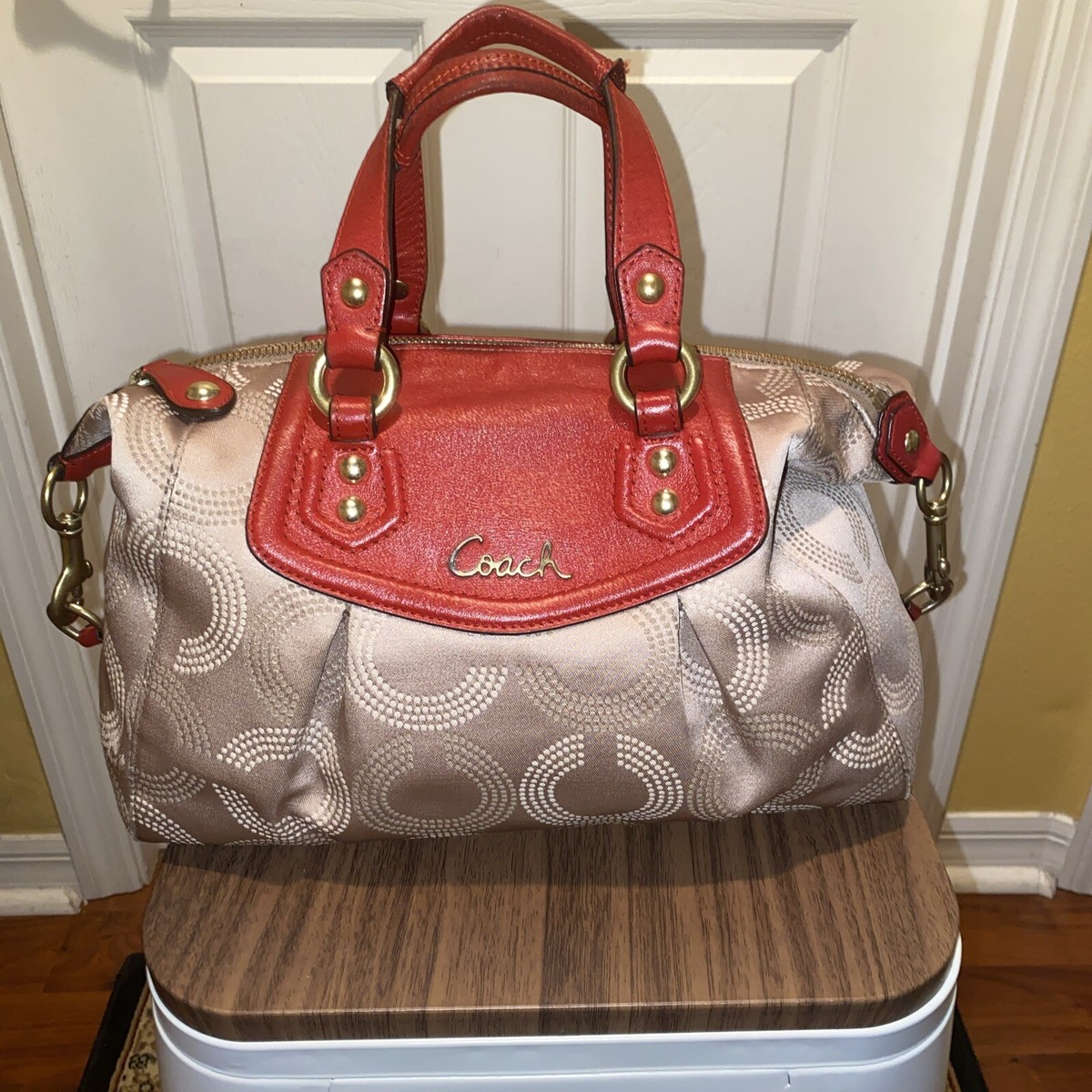 Coach F20027 Signature Tan Sateen, Red Leather Shoulder Bag