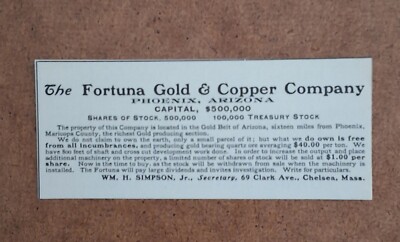 Antique Fortuna Gold & Copper Co. - Phoenix Arizona - 1906 AD Minning Art Decor