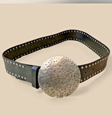 Genuine Leather Black Studded Belt w/Round Hammered Silver Toned Buckle EUC XL