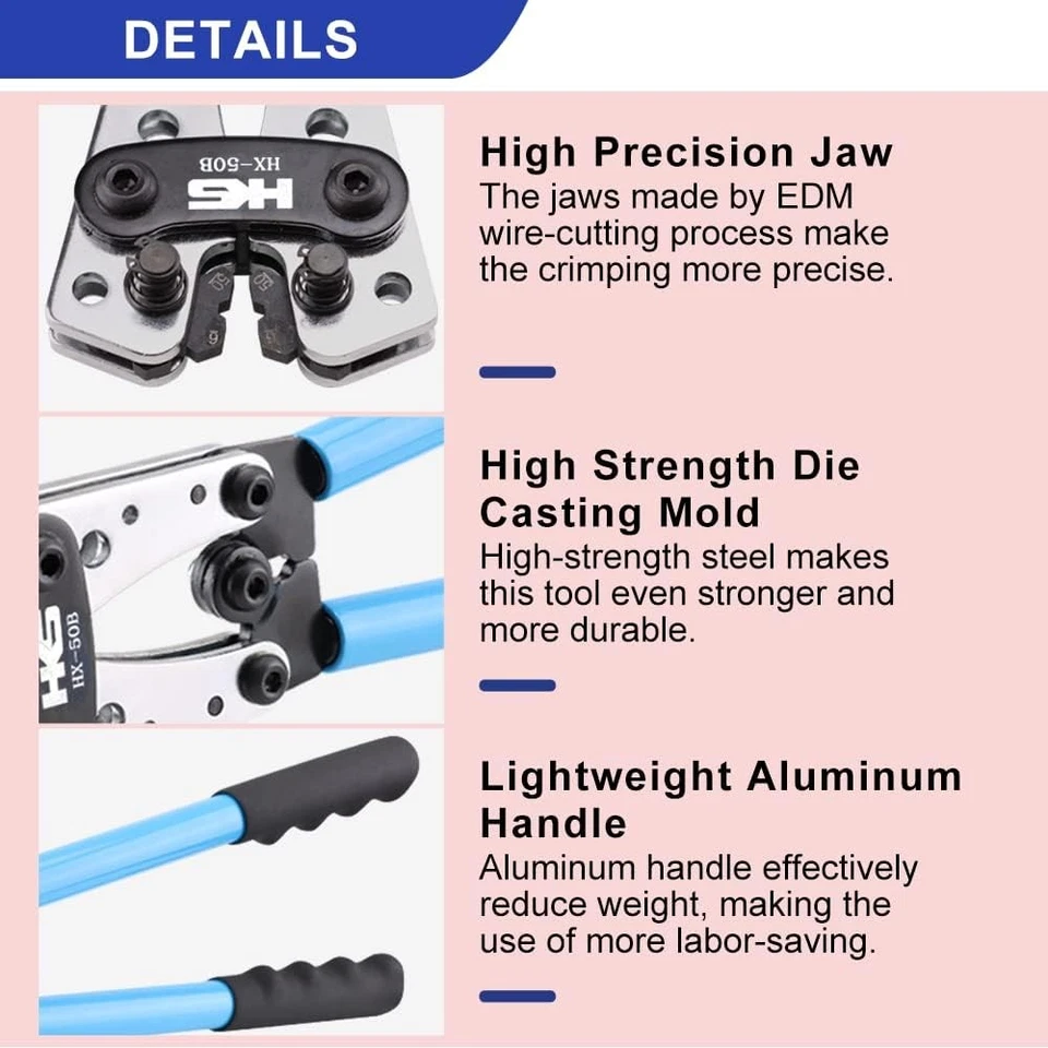 Herramienta de prensado de cables de batería HKS para terminales de anillo de cobre AWG 10-1, azul  Foto 4 de 4