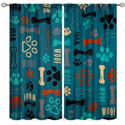 Dog Paw Print Curtains, Blue Cartoon Dog Paw and Bones Window Treatment Therm...