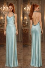 Mac Duggal Light Blue Beaded Strap Cowl Neck Maxi Dress Sz 6 Prom Open Back