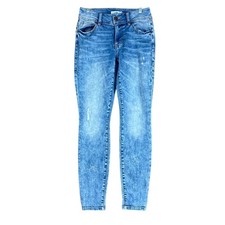 CAbi Womens Jeans Blue Denim Cinch Mid Rise Bleach Splatter Skinny Stretch 4