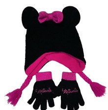 Disney Minnie Mouse Hat  Glove Set Black Pink Girls Small