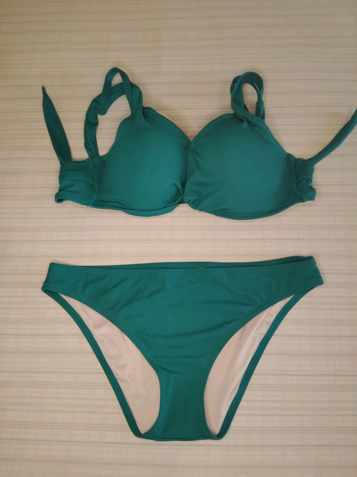 Shade & Shore Bikini Set 36DD Teal Ribbed Halter Top High Cut Bottoms NWOT