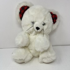 1991 White Mouse Plush 10 Inch Stuffed Animal Plaid Ears World of Smile