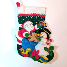 Completed Bucilla Felt Santa with Snowman Scene Christmas Stocking, Holiday Rare