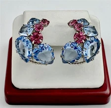 Schreiner Vintage Light Blue Glass Gems & Pink Rhinestones Clip Earrings