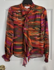 NANETTE LEPORE WOMENS SCARF BLOUSE SZ. SMALL MULTICOLOR LONG SLEEVE SHEER CAREER