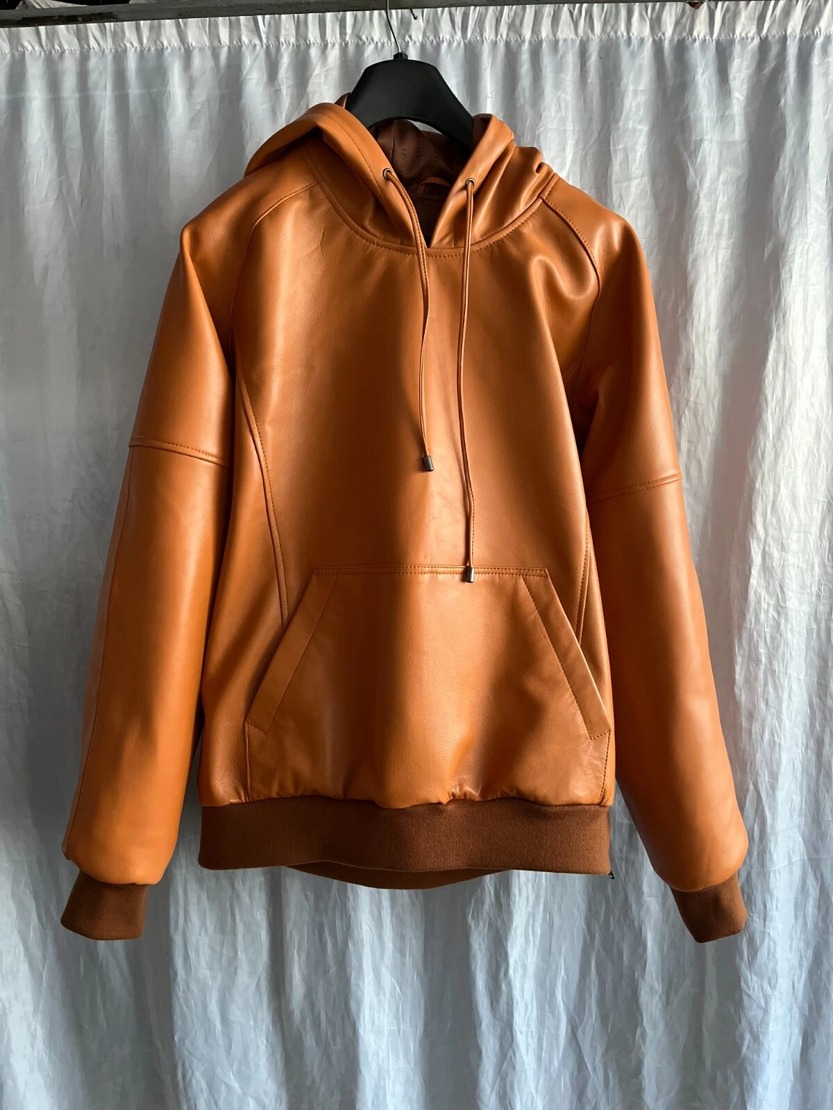 Mens Camel Tan Hooded Bomber Leather Jacket. Real Soft Sheepskin Leather Jacket.