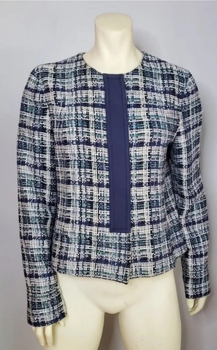 ETRO Jacket Blazer cotton silk woven Tweed Cropped blue sz 48 US 12 New - Picture 2 of 14