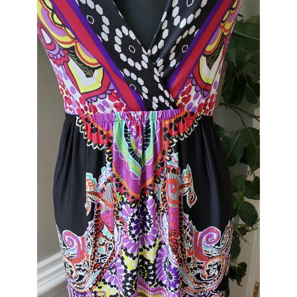 Maxi Vestido Bailey Azul Largo Para Mujer Grande Multicolor Floral Espalda Corredora Cuello en V Profundo Foto 3 de 4