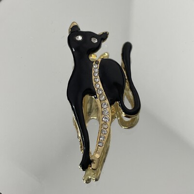 Vintage Black Enamel Kitty Cat With Clear Rhinestones Brooch | eBay