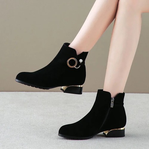 Women's Ankle Boot Low Heel Short Boots Zipper Booties Round Toe Casual Footwear - Picture 14 of 24