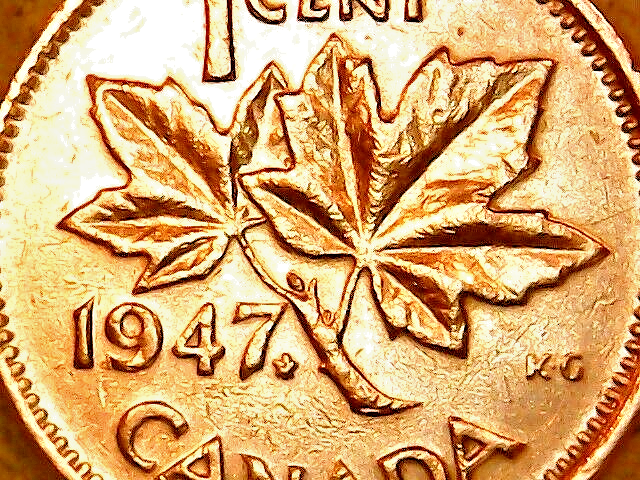 1947 Canada Cent AU Red-Brown Pointed 7 Maple Leaf King George VI