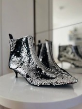 Zara Nuovo Paillettes Argento Stivali Caviglia Gattino Tacco UK3 EUR36 US6 Ref