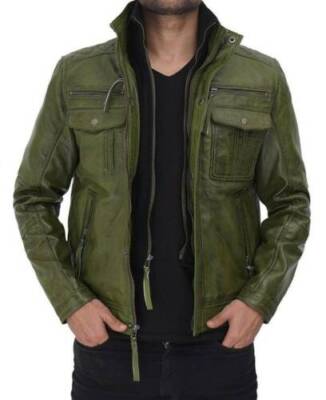 Men's Genuine Real Lambskin Leather Green Biker Decent Festive Motorcycle Jacket