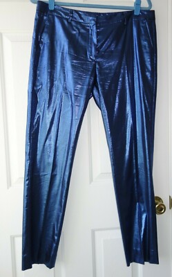 MAURO GRIFONI COATED BLUE COTTON BLEND WOMEN'S PANTS US 10 IT 46 MADE IN ITALY