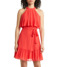 Eliza J Tiered Halter Flounce Hem Popover Dress in Strawberry Red Size 12