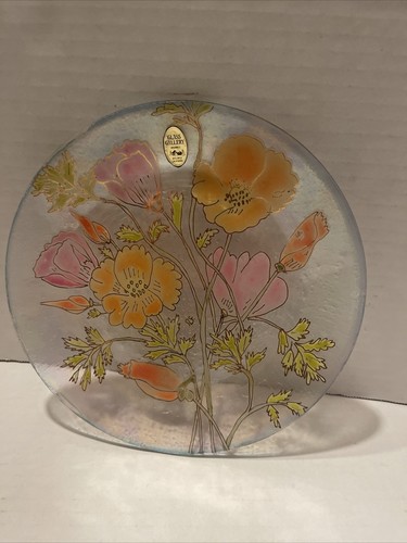 Piatto in vetro vintage papaveri dipinto a mano floreale 11", Hollywood - Foto 2 di 5