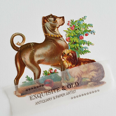 um 1900 Hunde Haustier Blüten Glanzbild Oblate Prägedruck Luxuspapier Ephemera