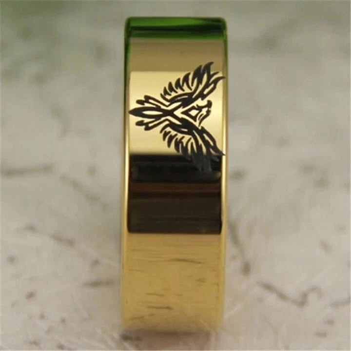Anillo de carburo de tungsteno grabado diseño Fénix ejército militar color oro 8 mm Foto 3 de 4