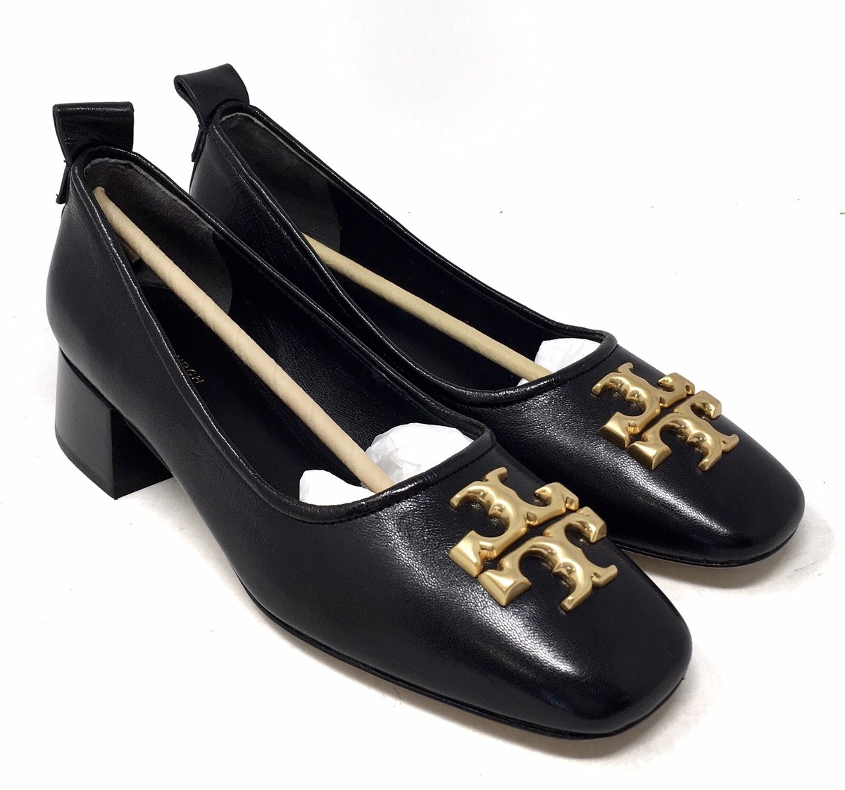 Tory Burch Eleanor 35mm Black Leather Logo Pump Heels Shoes Womens