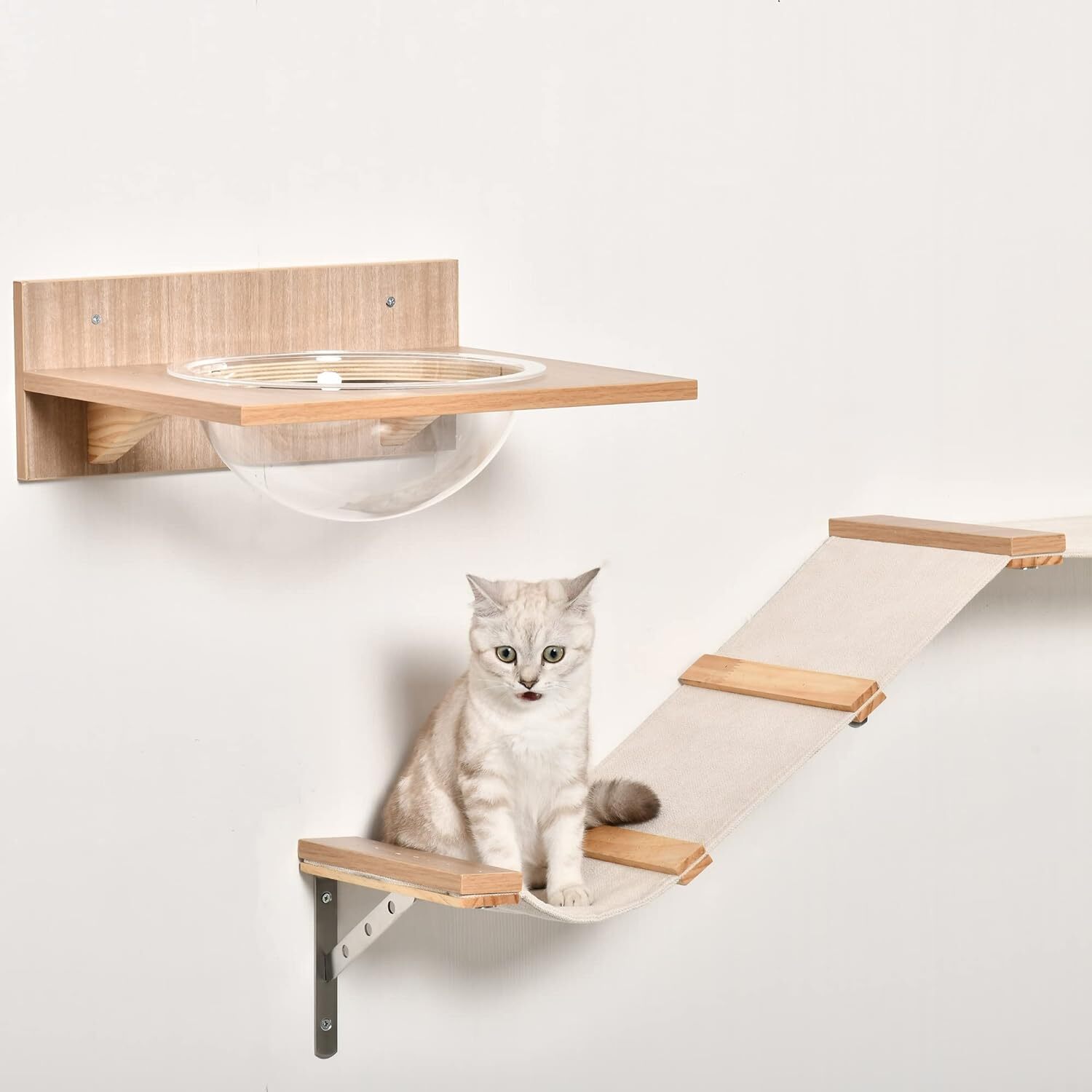 Palestra per Gatti a Muro: Set 4 Pezzi Legno e Sisal con Ponte e Nido