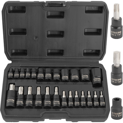 TECPO STECKSCHLÜSSEL SATZ TORX NÜSSE T8-T60 + E4-E22 25-TEILIG 1/4 3/8 1/2 ZOLL