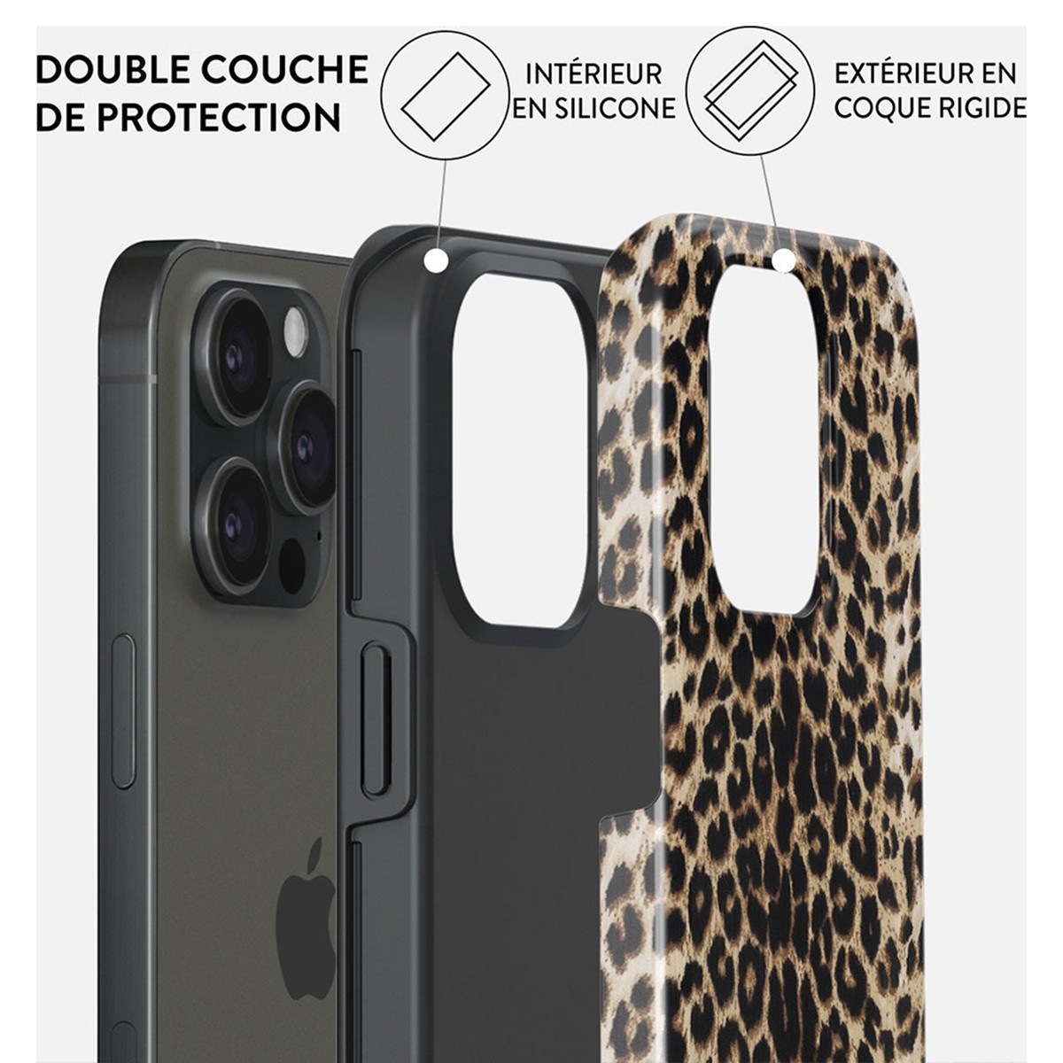 Coque iPhone 15 Pro Max Burga léopard antichoc et résistante modèle Lecteur