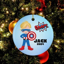 Personalized Superhero Christmas Kids 2D Ceramic Ornament