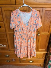 Womens XL Floral Stretchy Summer Dress Orange Flutter Sleeve Midi 