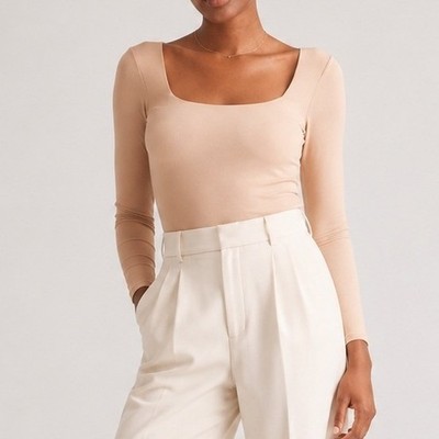 Quince Bodysuit Second Skin Square Neck Long Sleeve Luxe Stretch Sand Small NWT
