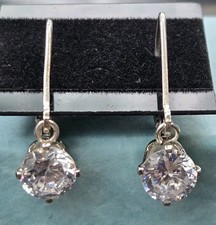 Sterling Silver 925 Round CZ Solitaire Dangle Swing Leverback Earrings " Long