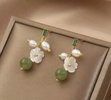 Floral Natural Jade Gemstone Pearl Dangle Drop Earrings