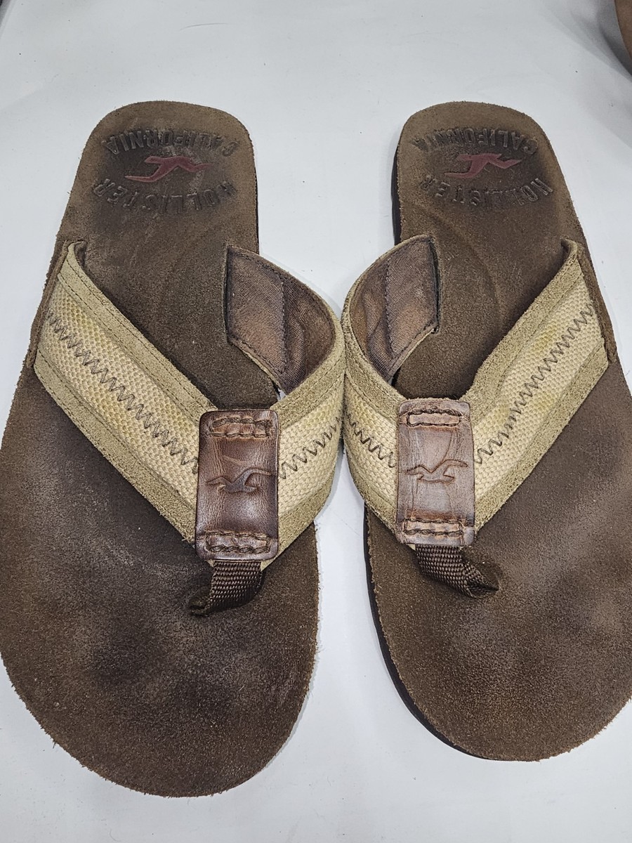 Hollister HCO Mens Brown Leather Flip Flops Olive Grn Strap  display picture 3