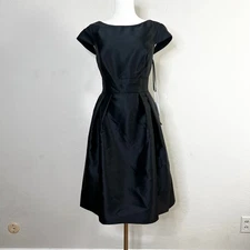 Alfred Sung D766 Black Cap Sleeve Fit Flare Cocktail Dress Pockets Size 10