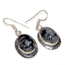 Snowflake Obsidian 925 Silver Plated Earrings 1.5" Party Wear Jewelry Trendy I47