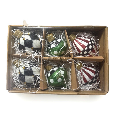 MacKenzie Childs Jolly Glass Ball Ornaments Christmas Set 6 New
