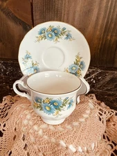 Vintage Queen Anne Tea Cup and Saucer Set, Blue Daisy Flowers Gilt Rims England