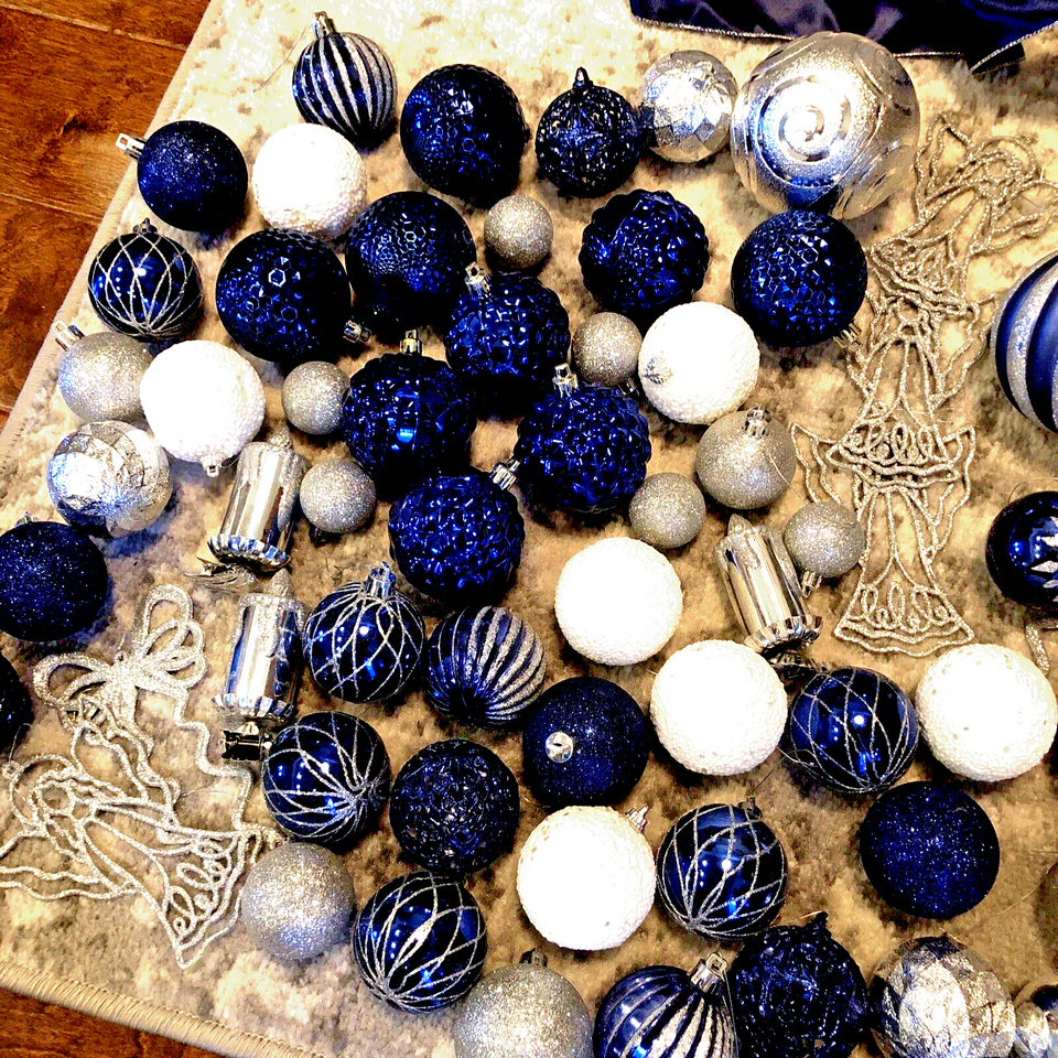 Lot Of Cobalt blue, Silver & White Christmas Tree Decor Orn And Ribbon