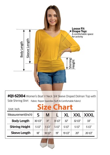 Women's V-Neck 3/4 Sleeve Draped Dolman Top with Side Shirring Premium - Picture 89 of 119