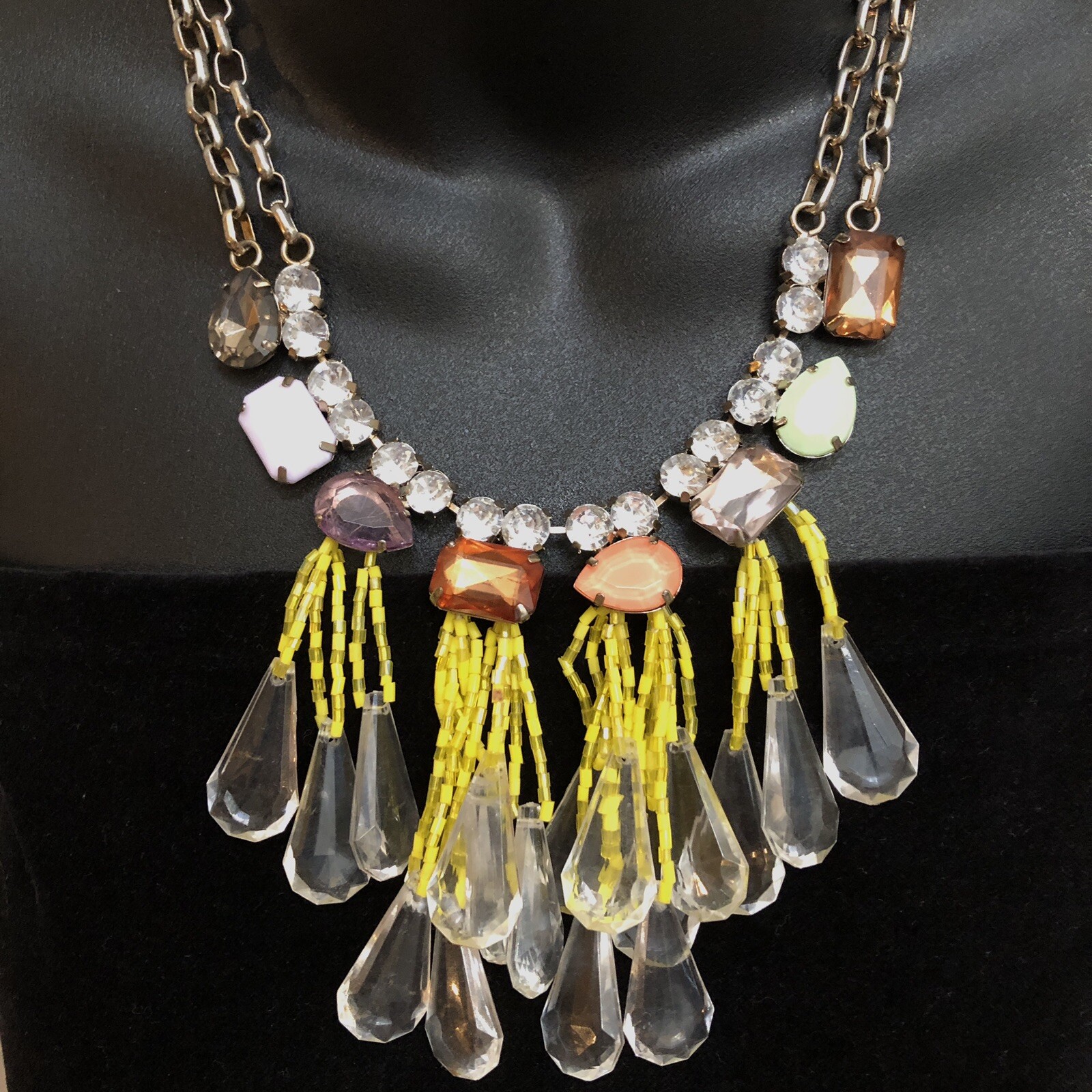 Statement Necklace Silver Chains Rhinestones Bead… - image 7