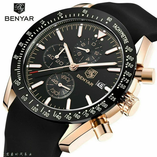 BENYAR 5140 Luxury Watches Chronograph Date Men Quartz Wrist Watch Rubber Strap