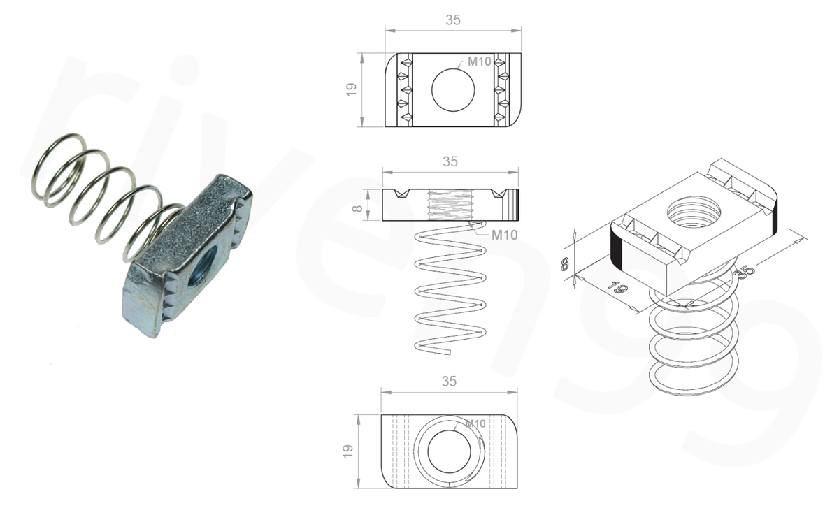 50 Dadi A Canale M10x1,5 Per Puntone Unistrut – Con Molla, Zincati, Confezione Da 50 Pezzi