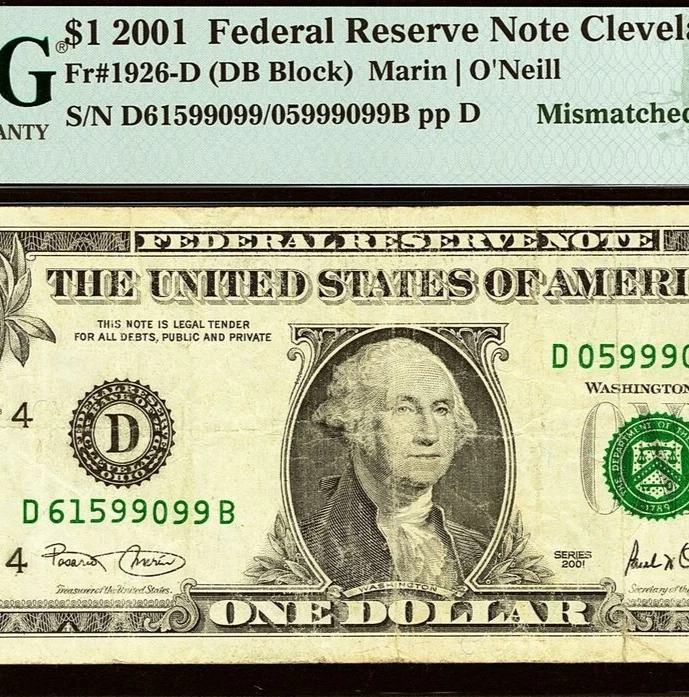 2001 $1 Federal Reserve Note PMG 25 - Error Note - Three Digit Mismatch Error - Image 2 of 4