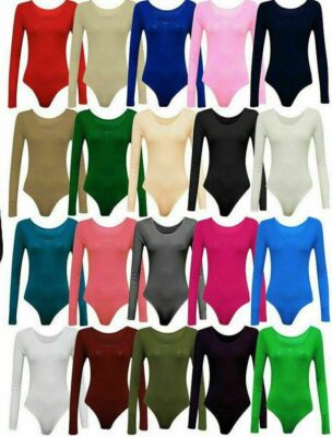 Damen Frauen U-Ausschnitt Body Langarm Turnanzug Uni Stretch Oberteil Freizeit